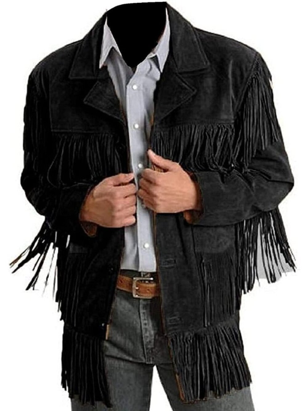 Suede Leather Jacket for Men's Western Cowboy Native American Black Fringe